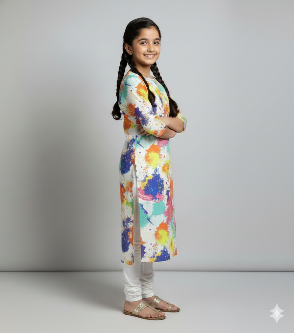 Multicolor Splash Print Satin Georgette Kurti | Lakhina Couture - Look 2