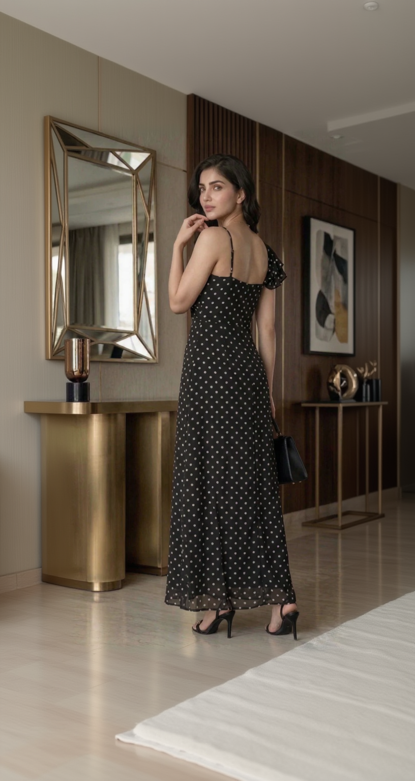 Woman in a black polka dot dress standing in an elegant interior setting.