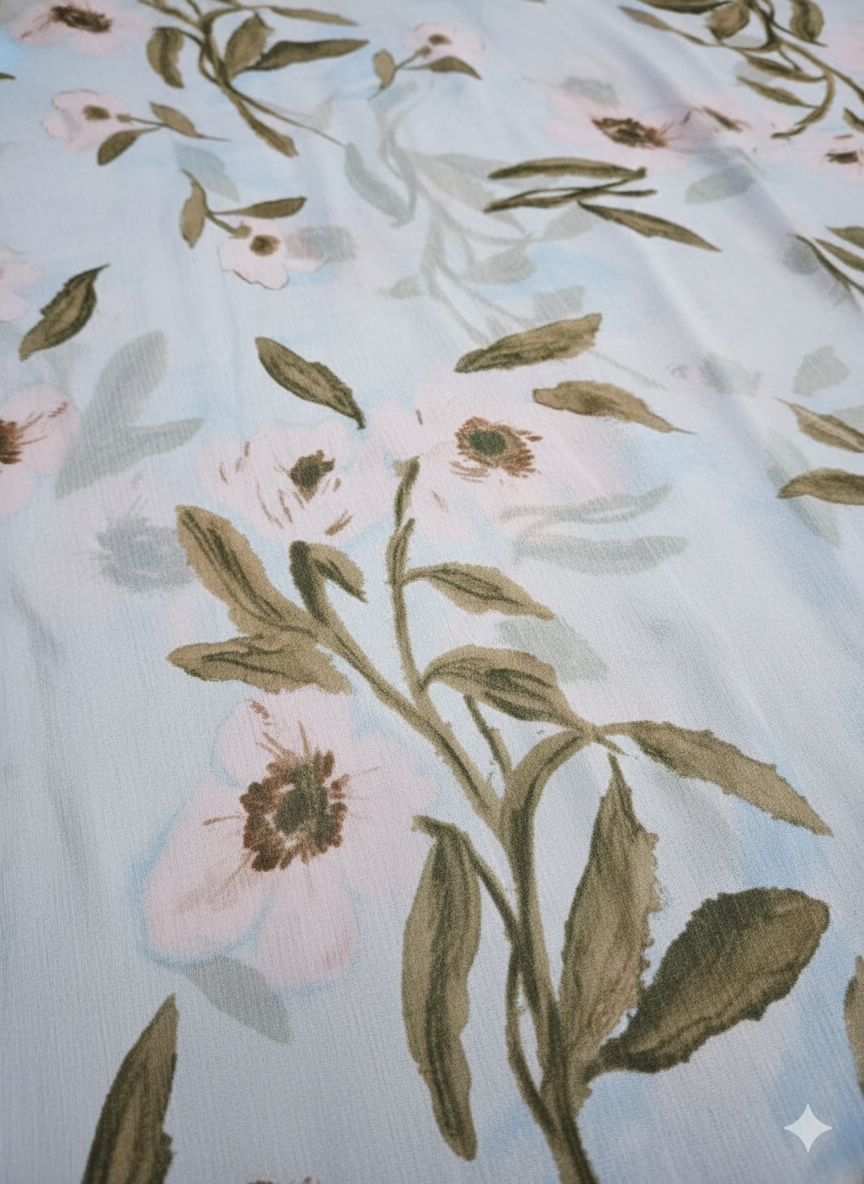 Powder Blue Floral Printed Chiffon Fabric