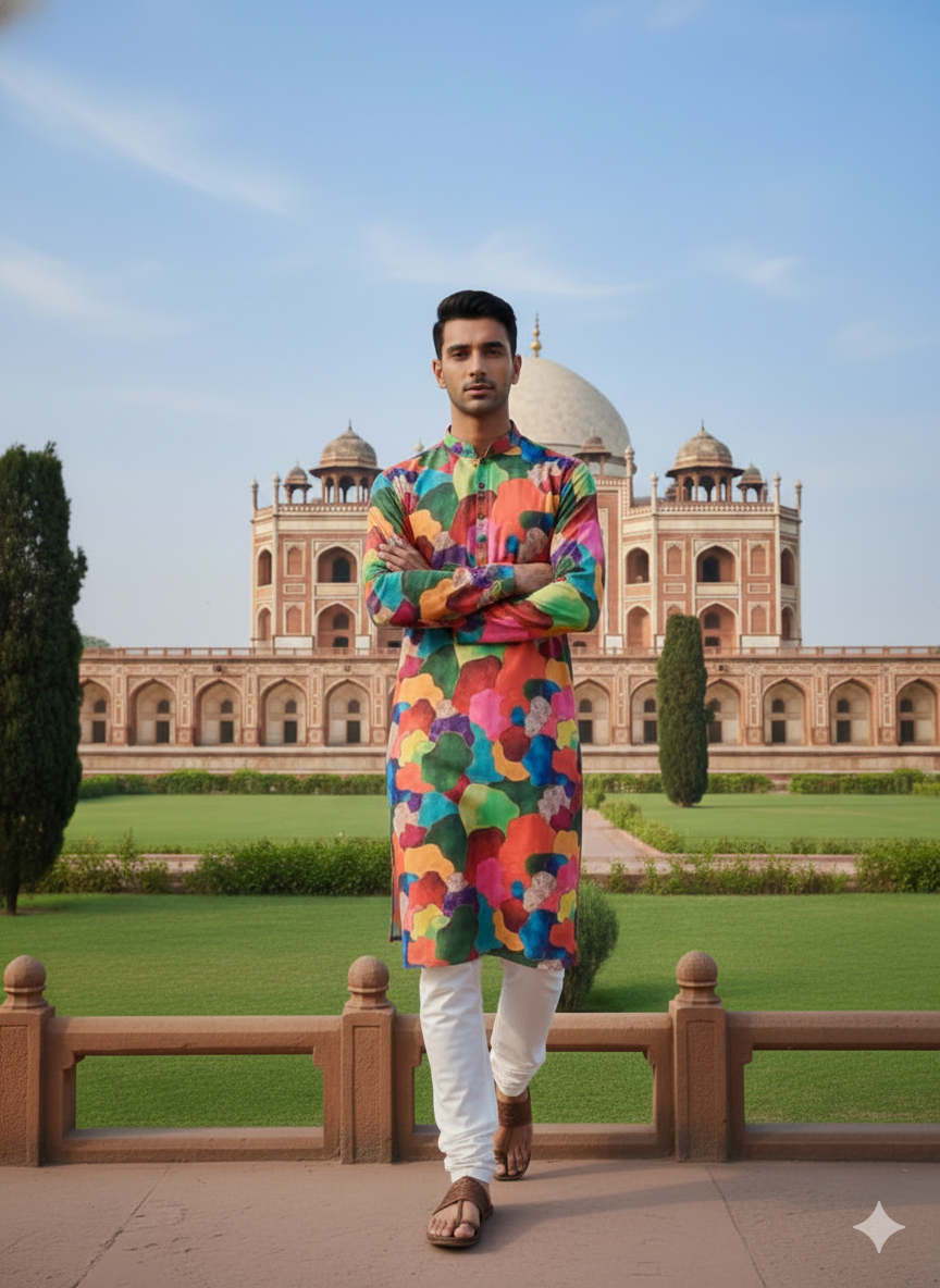 Lakhina Couture Multicolor Satin Georgette Holi Special Men’s Kurta