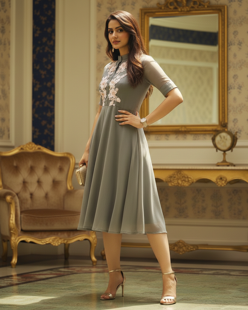 Grey Embroidered Midi