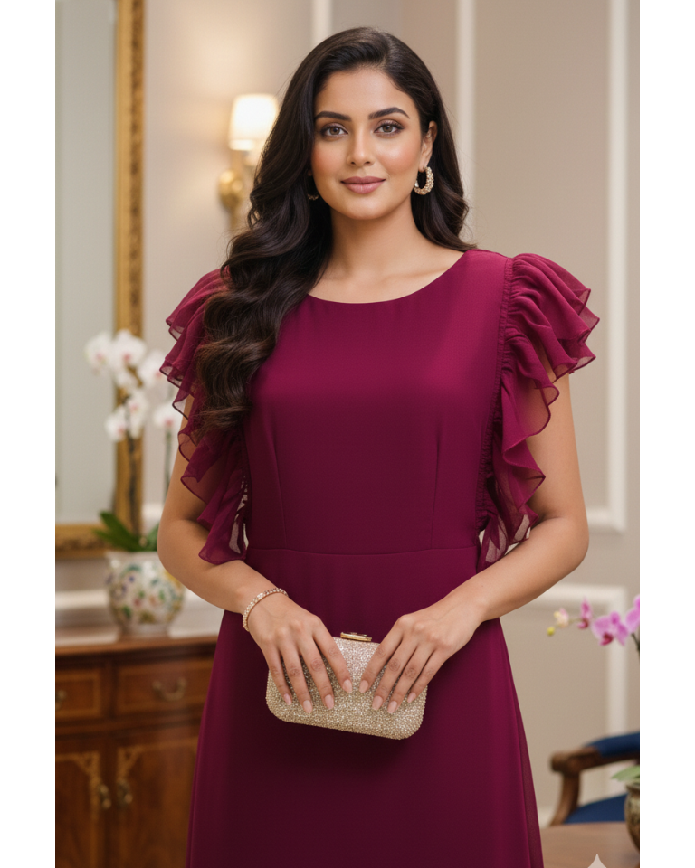 Woman in a burgundy dress standing in an elegant room with decorative elements.