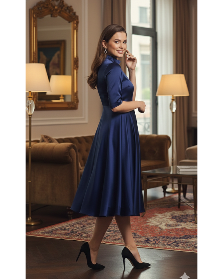 Woman in a blue dress standing in an elegant room with a mirror and lamp.