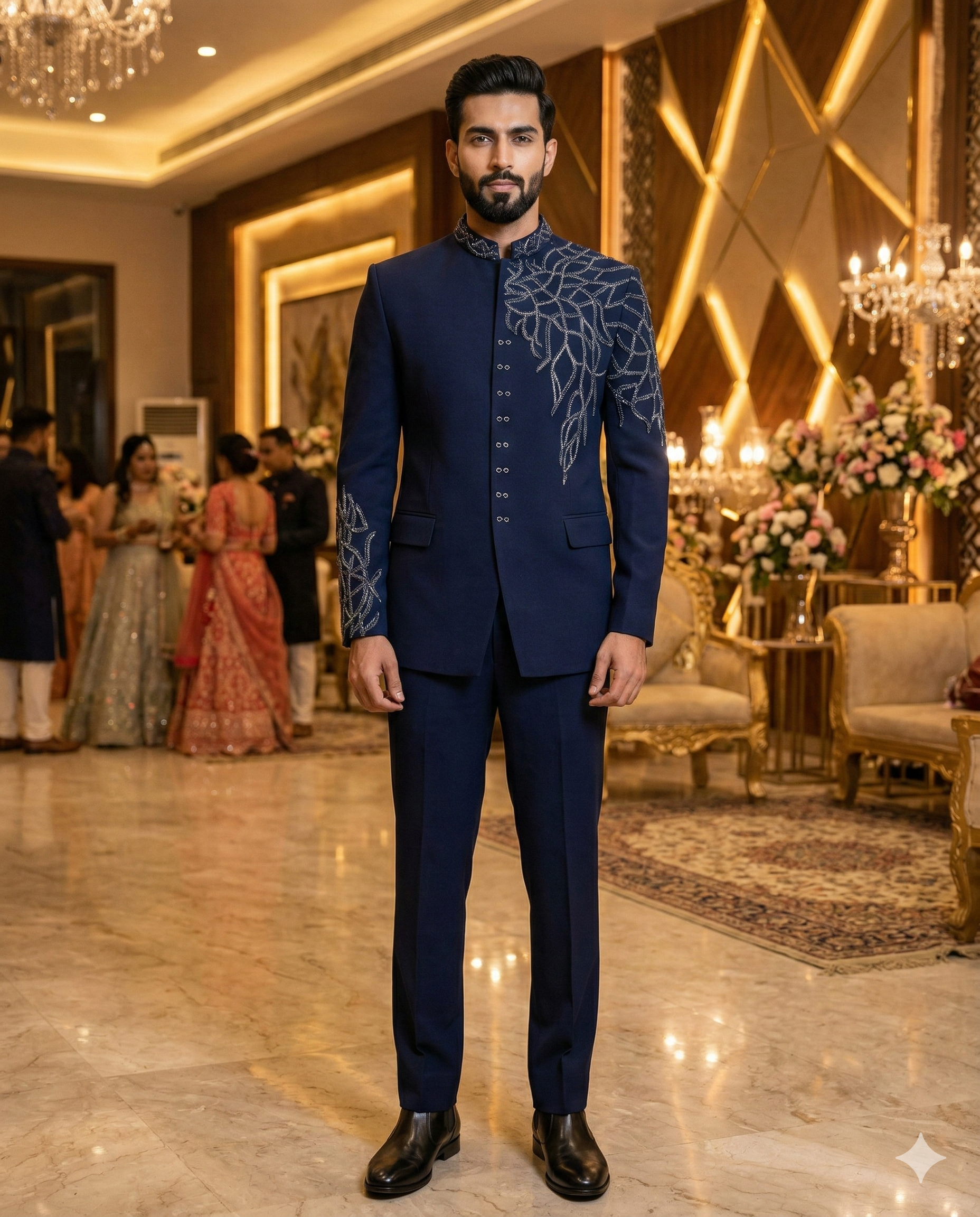 Navy Blue Embroidered Japanese Lycra Bandhgala Suit