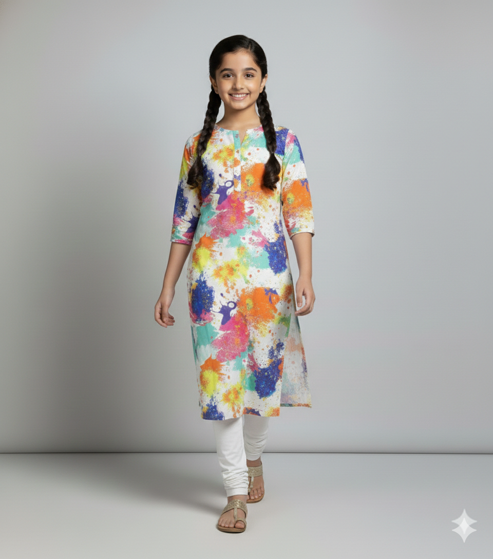 Multicolor Splash Print Satin Georgette Kurti | Lakhina Couture