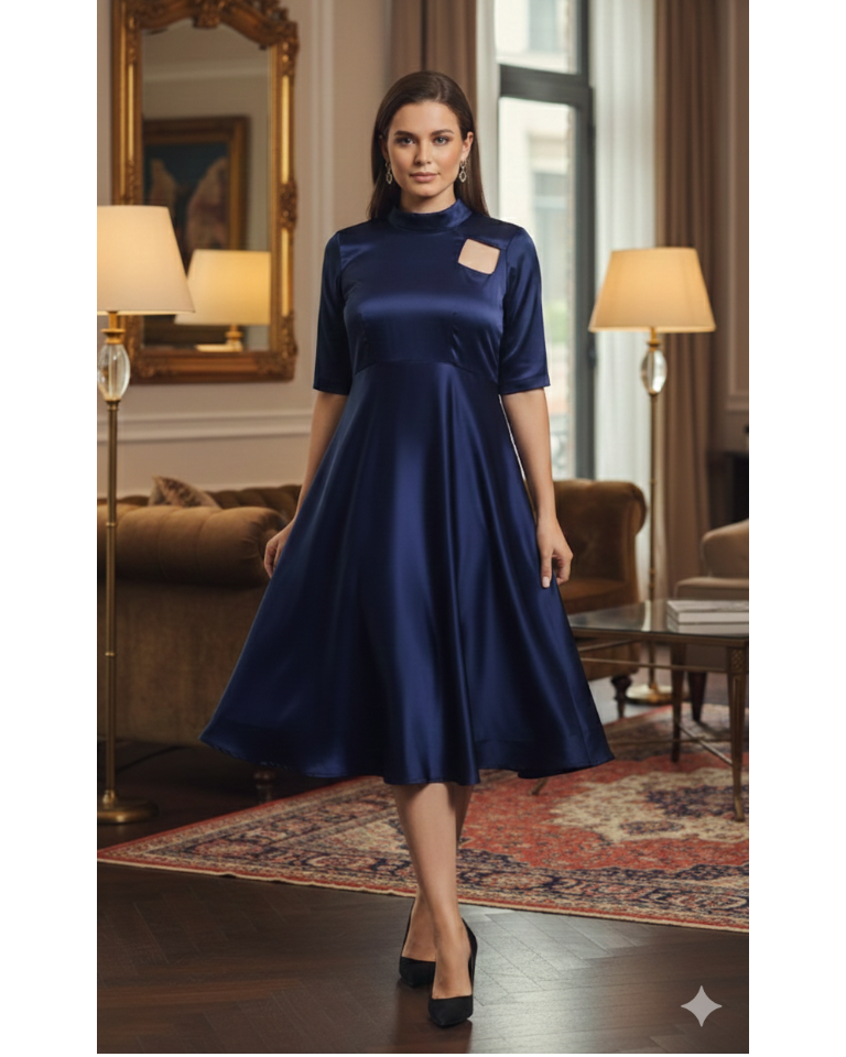 Woman in a blue dress standing in an elegant room with a mirror and lamps.