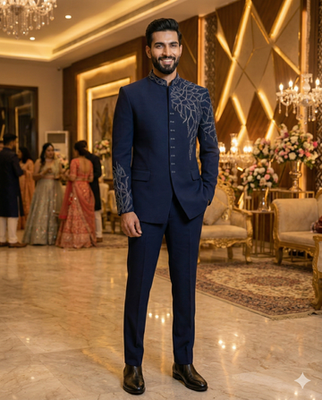 Navy Blue Embroidered Japanese Lycra Bandhgala Suit
