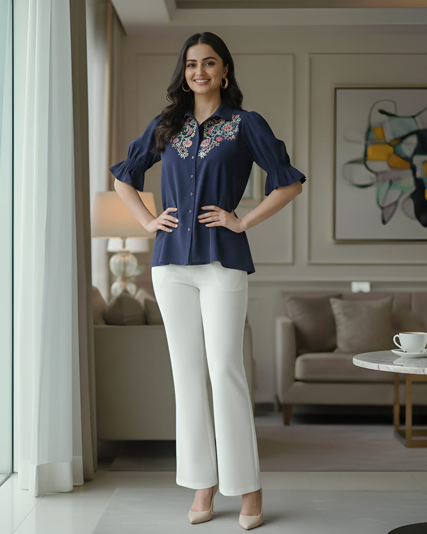 Navy Blue Embroidered V-Neck Top