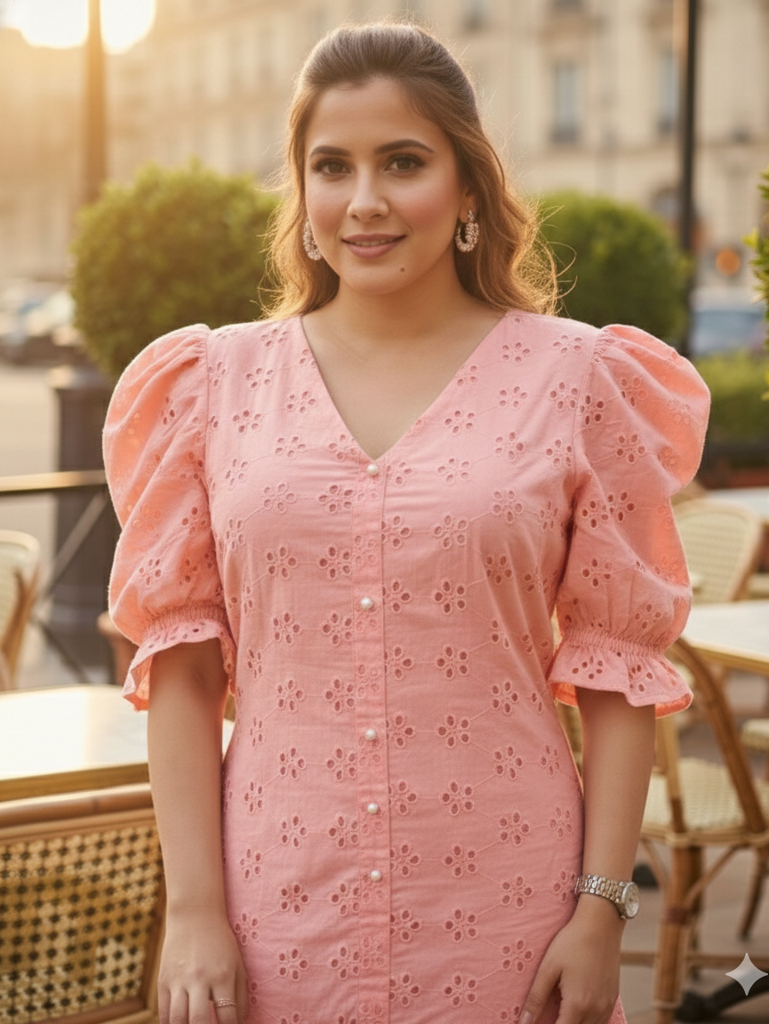 Peach Cotton Schiffli Dress