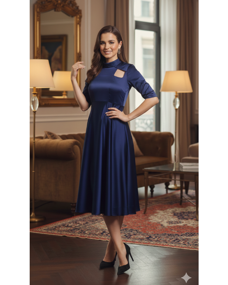 Woman in a blue dress standing in an elegant room with a mirror and lamps.