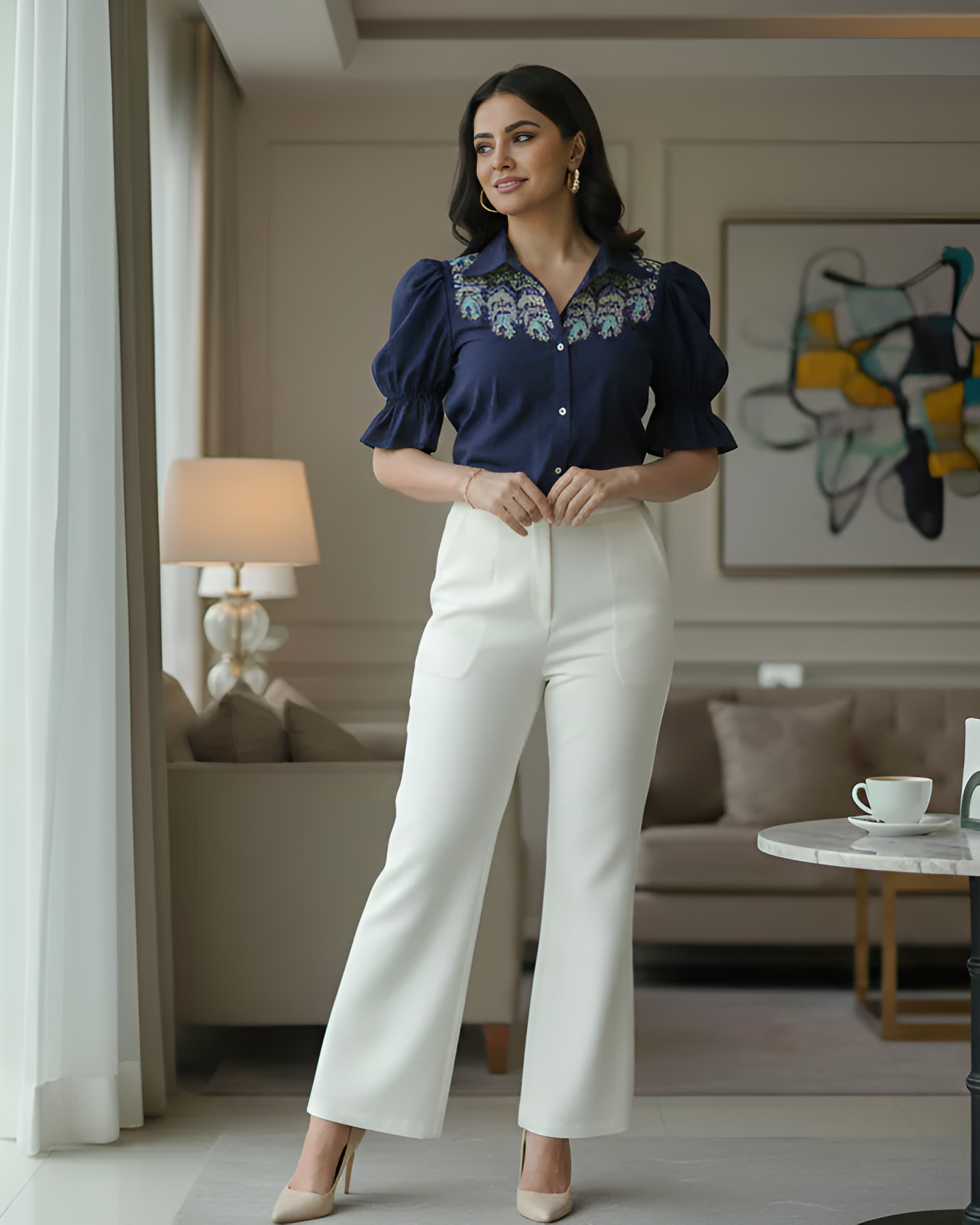 Woman in a stylish outfit standing in a modern living room.