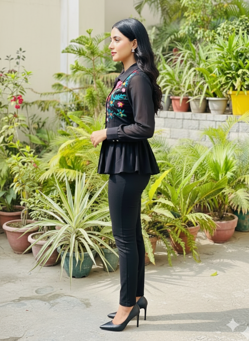 Black Floral Embroidered Shirt
