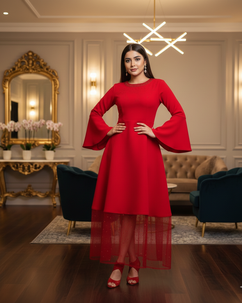 Woman in a red dress standing in an elegant room with decorative elements.