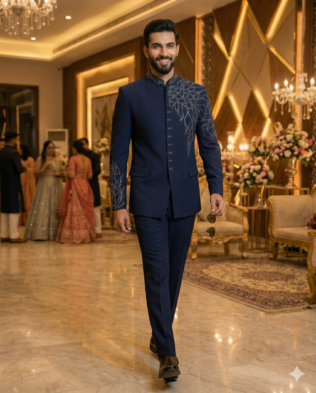 Navy Blue Embroidered Japanese Lycra Bandhgala Suit