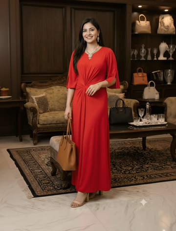 Woman in a red dress holding a brown handbag in an elegant room.