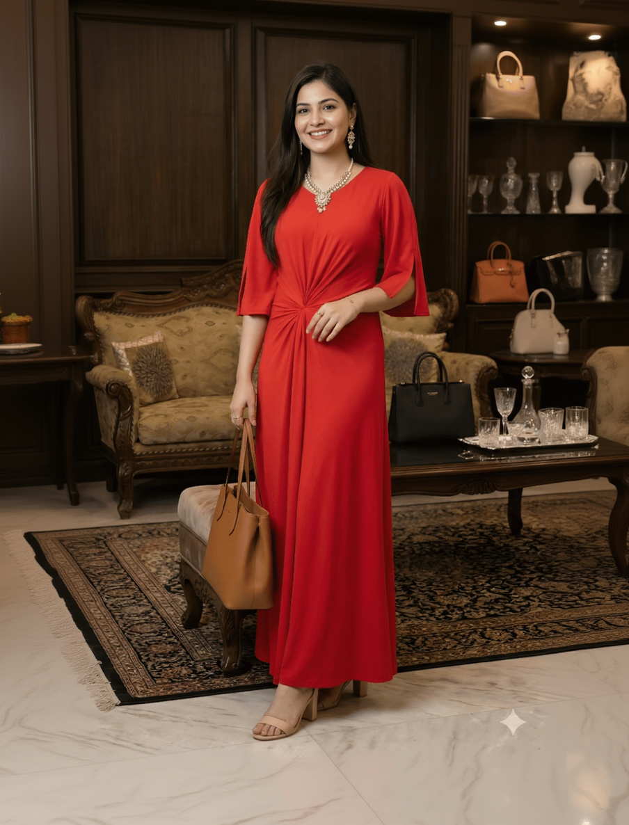 Woman in a red dress holding a brown handbag in an elegant room.