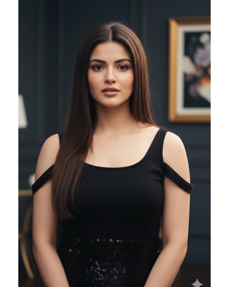 Woman wearing a black dress with thin straps against a dark background