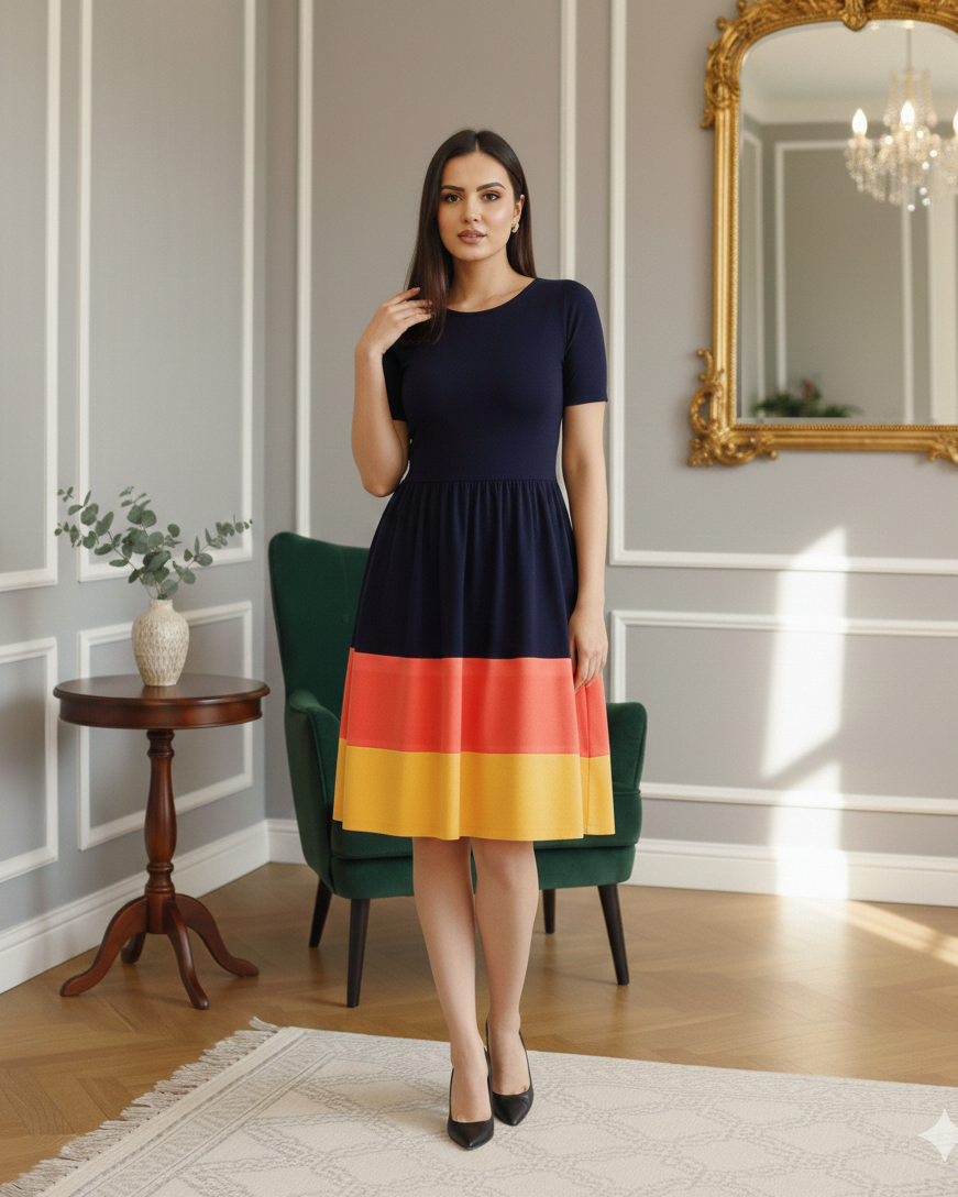 Woman in a dark blue dress standing in a room with a decorative mirror.