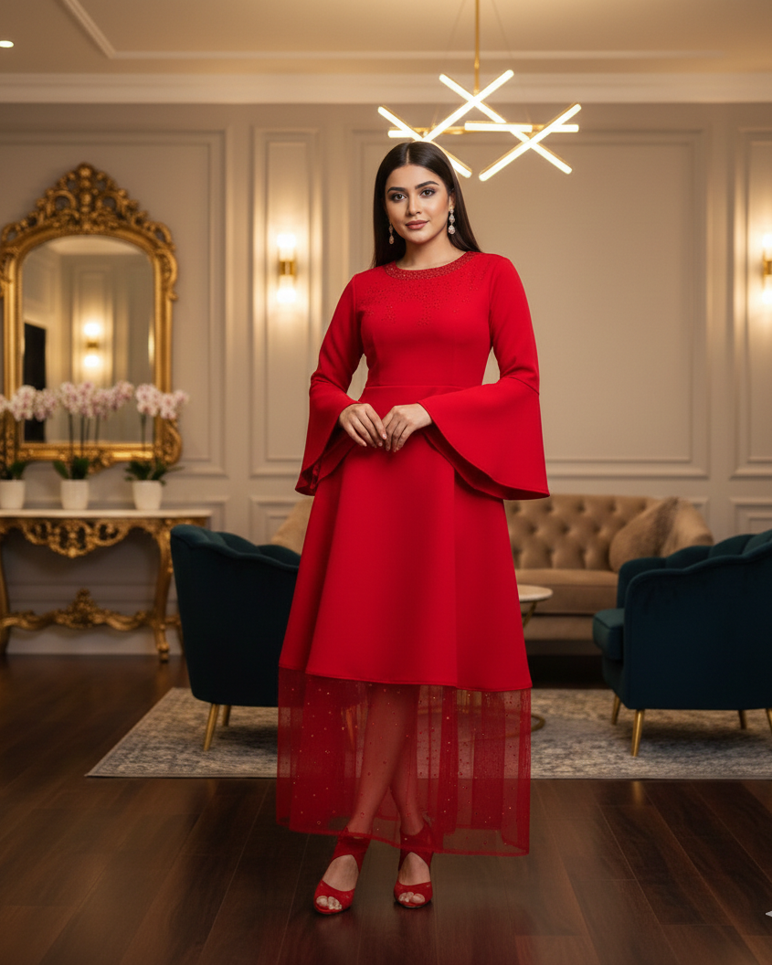 Woman in a red dress standing in an elegant room with a mirror and sofa.