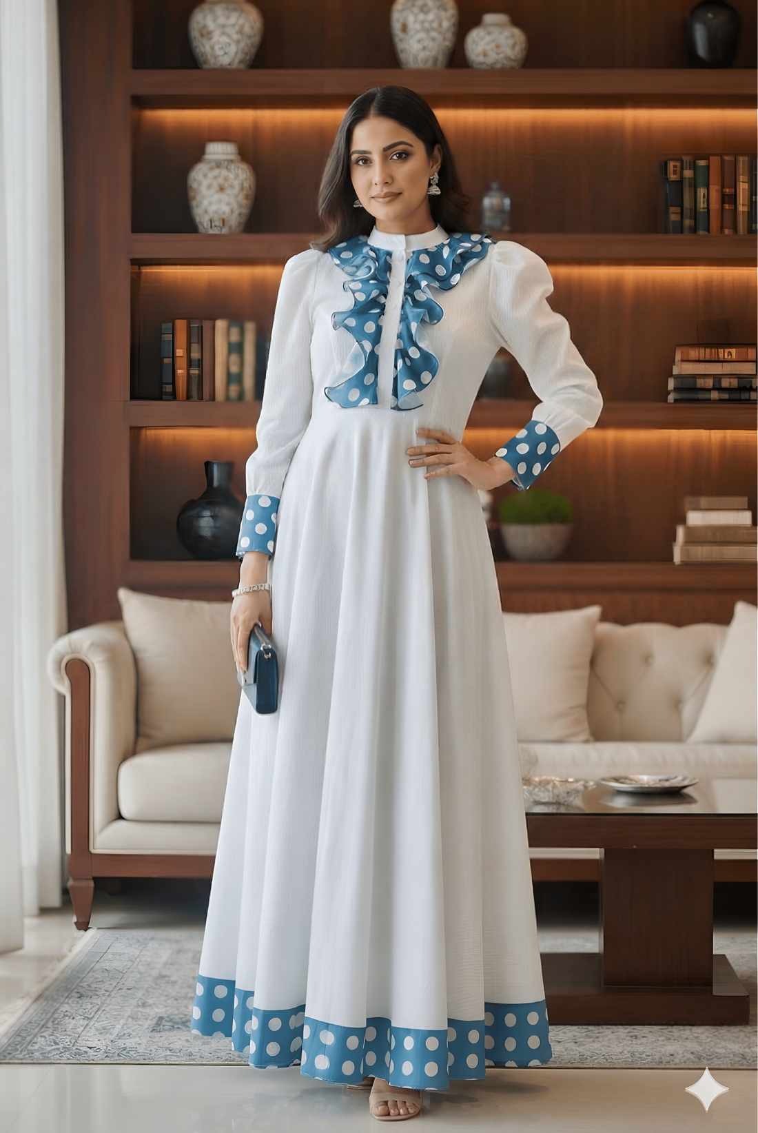 Woman in a white dress with blue polka dot details standing in a living room.