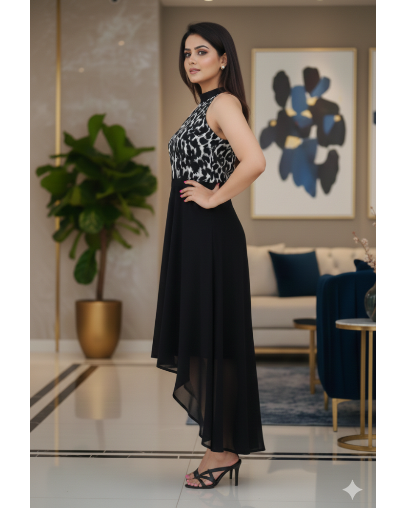 Woman in a black and white patterned top and black skirt standing in an elegant interior setting.