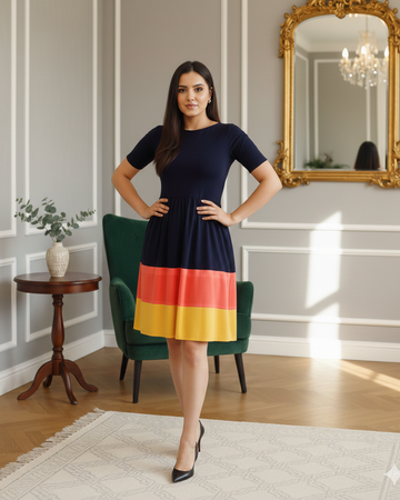 Woman wearing a navy dress with a colorful skirt in a room with a mirror and table.