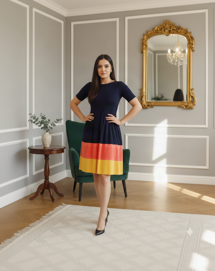 Woman wearing a navy dress with a colorful skirt in a room with a mirror and table.