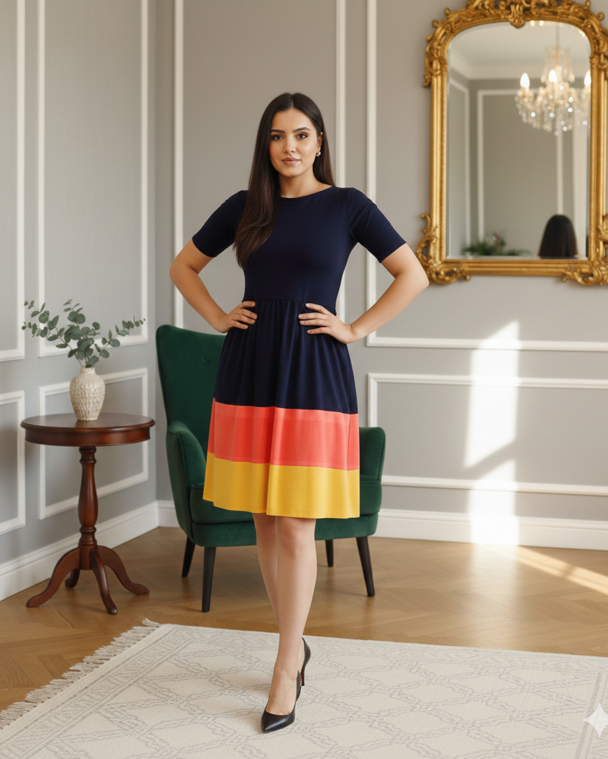 Woman wearing a navy dress with a colorful skirt in a room with a mirror and table.