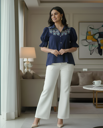 Navy Blue Embroidered V-Neck Top
