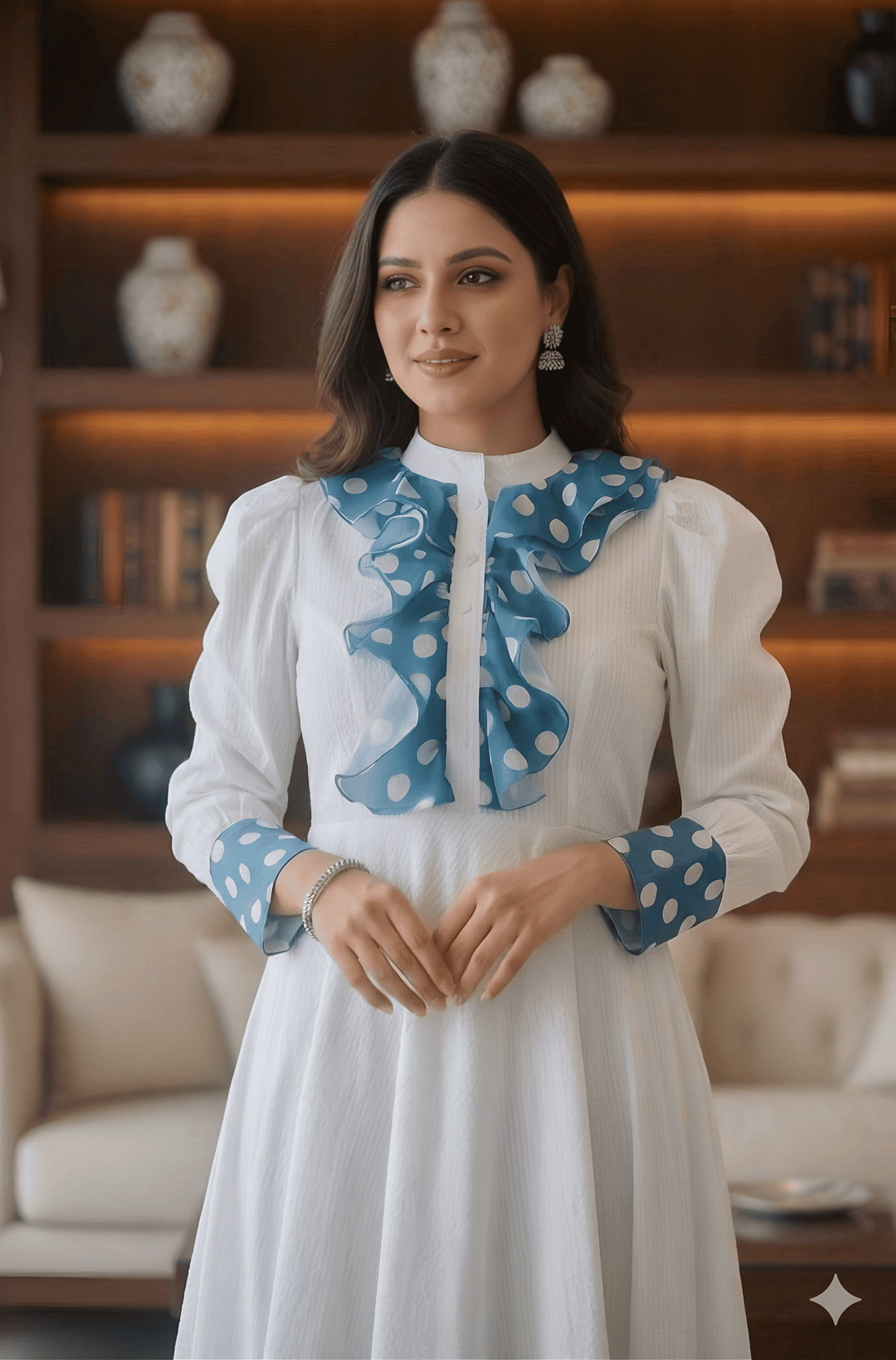 Woman in a white dress with blue polka dot details standing in a living room.