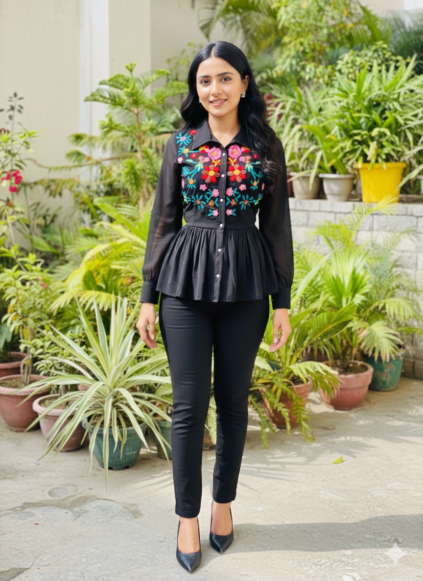 Black Floral Embroidered Shirt