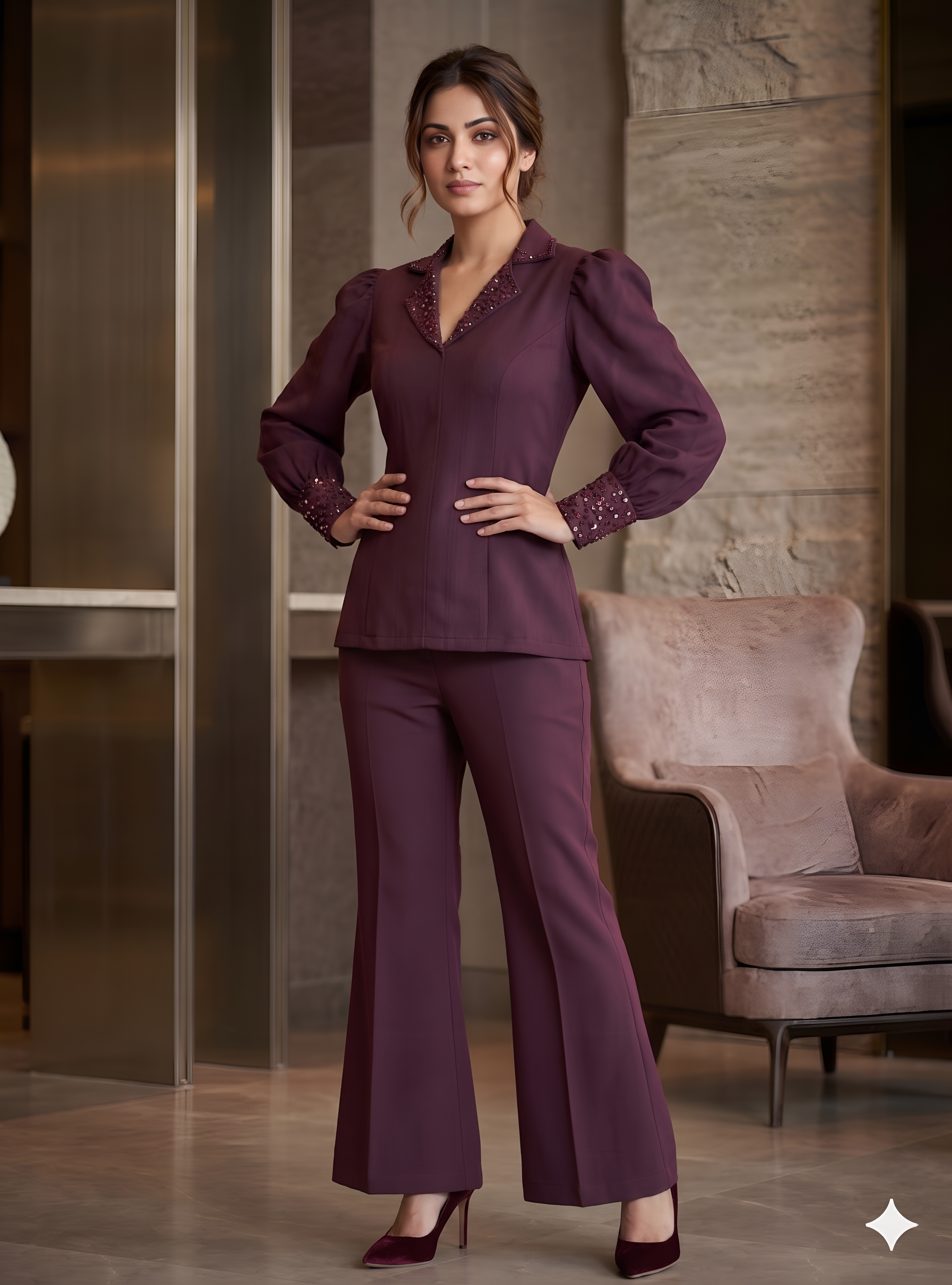 Wine Embroidered Formal Co-Ord
