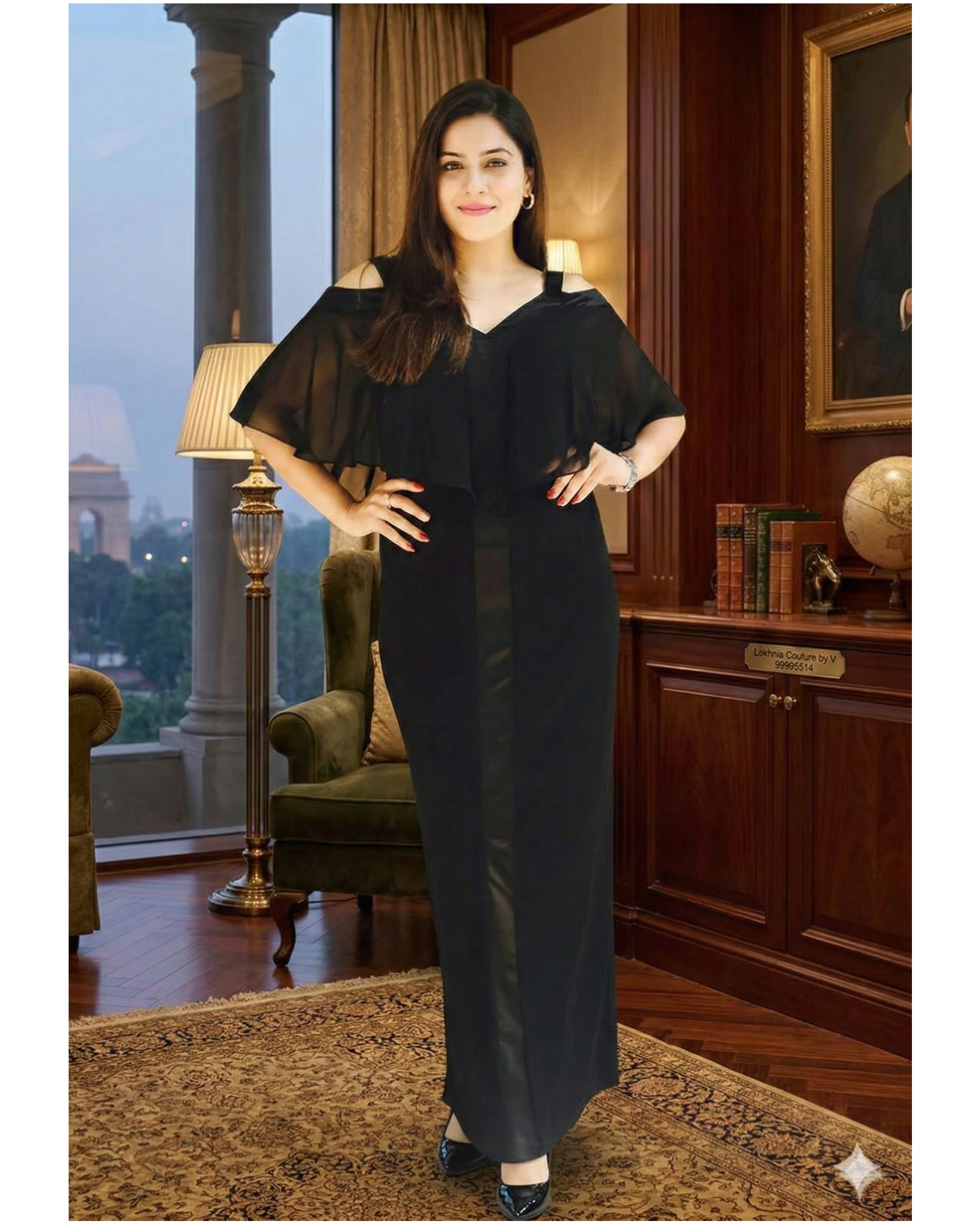 Woman in a black outfit standing in an elegant room with wooden paneling and decor.