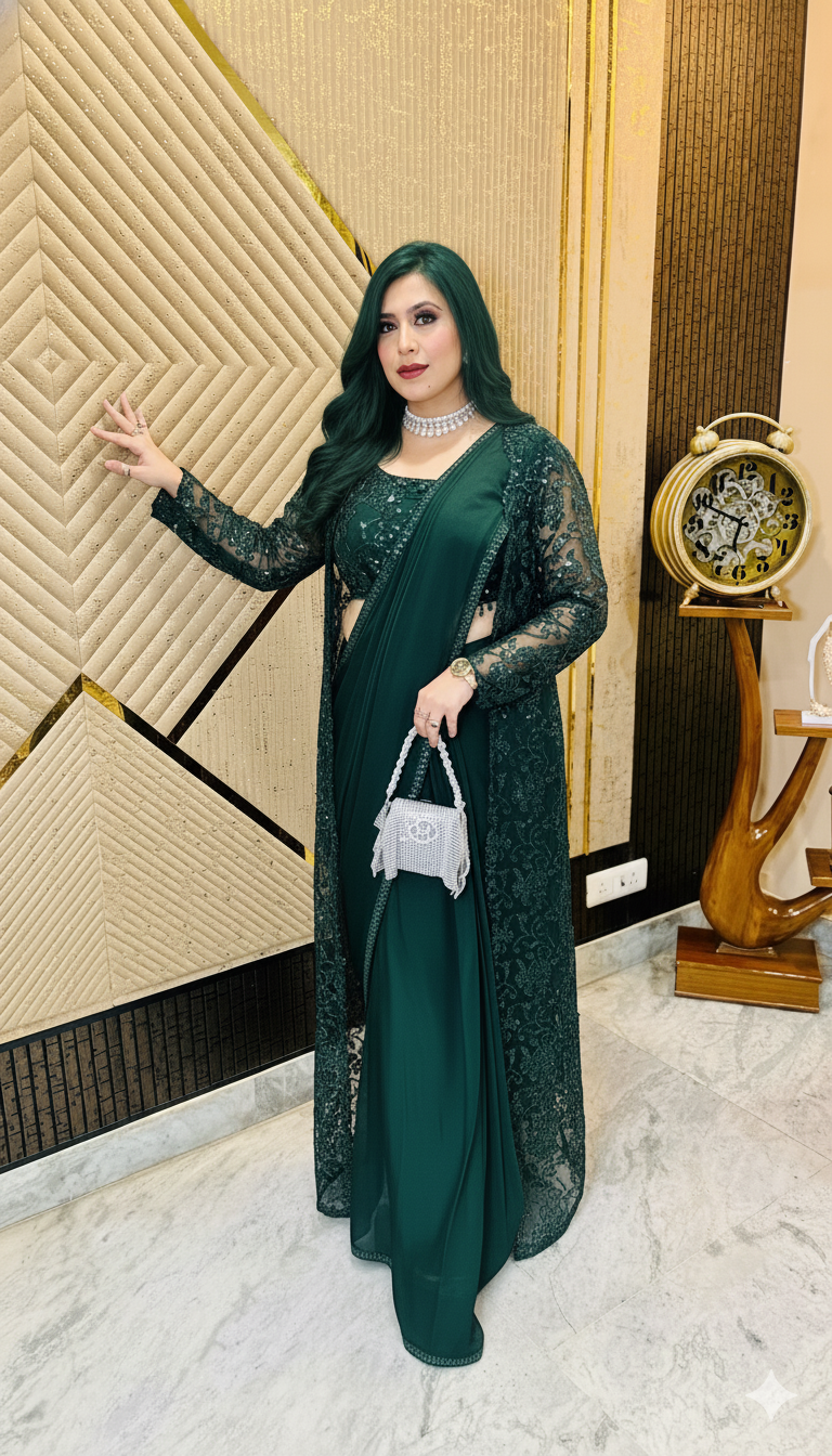 Green Paradise Shrug Saree | Party Wear | Lakhina Couture - Look 5