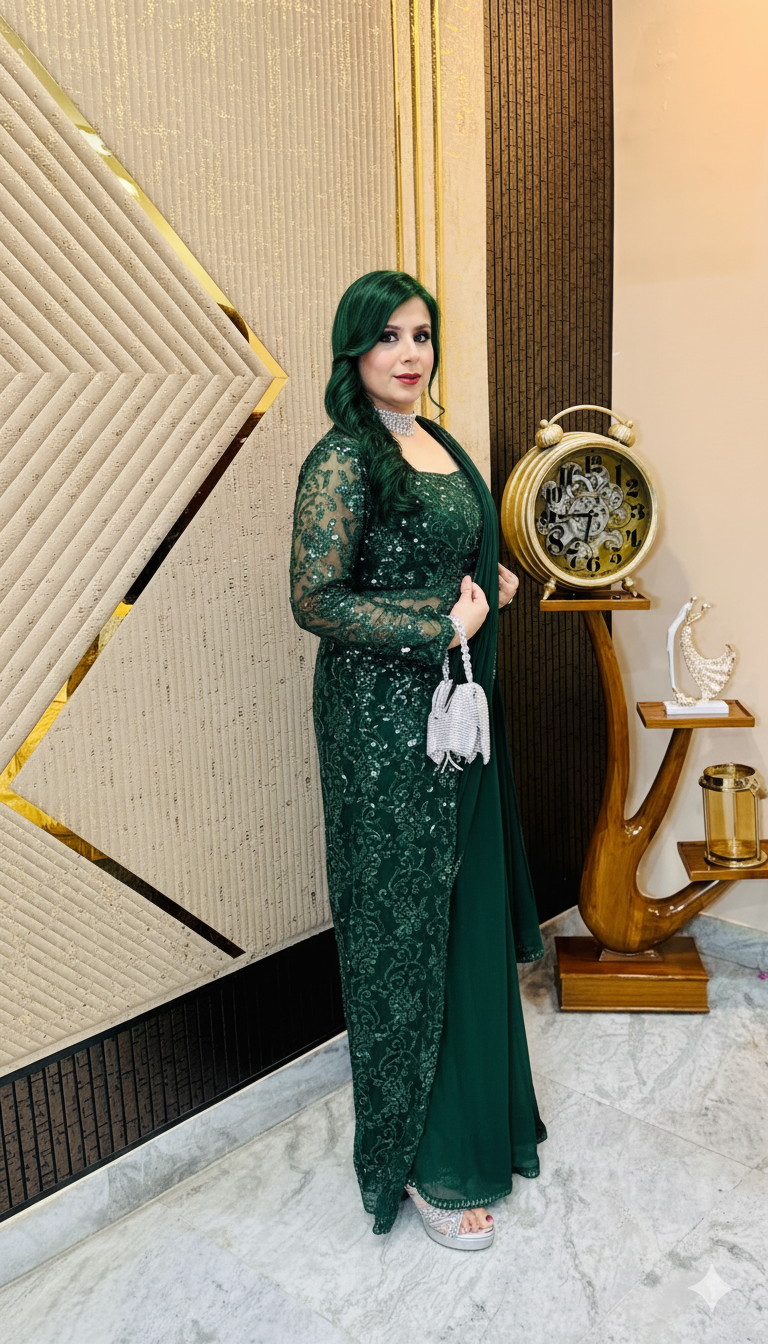 Green Paradise Shrug Saree | Party Wear | Lakhina Couture - Look 8