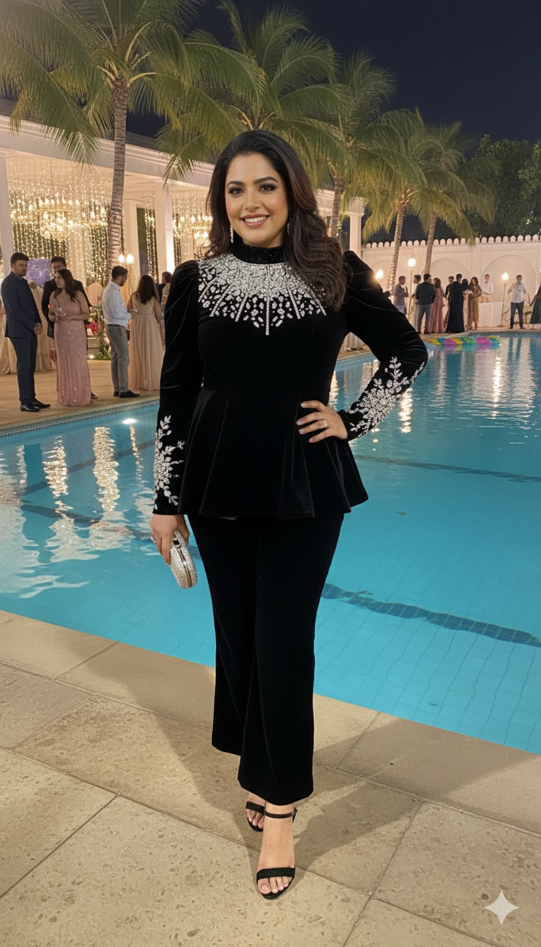 Black Embellished Peplum Co-Ord Set