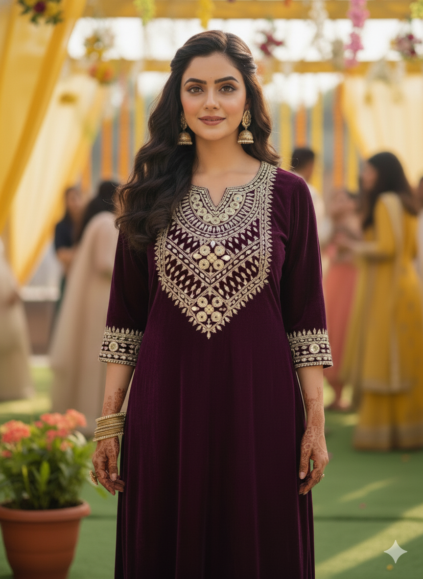 Wine Velvet Embroidered Kaftaan