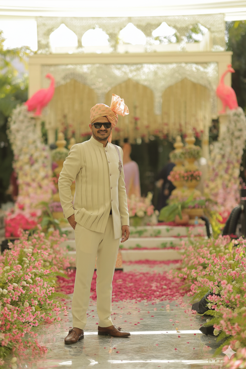 Menswear Cream Bandhgala With Pants