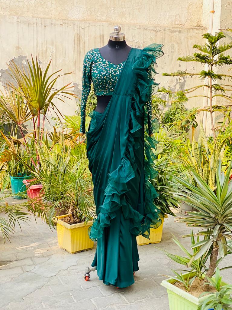 Bottle Green Ruffle saree Lakhina Couture Bottle Green Ruffle saree Lakhina Couture