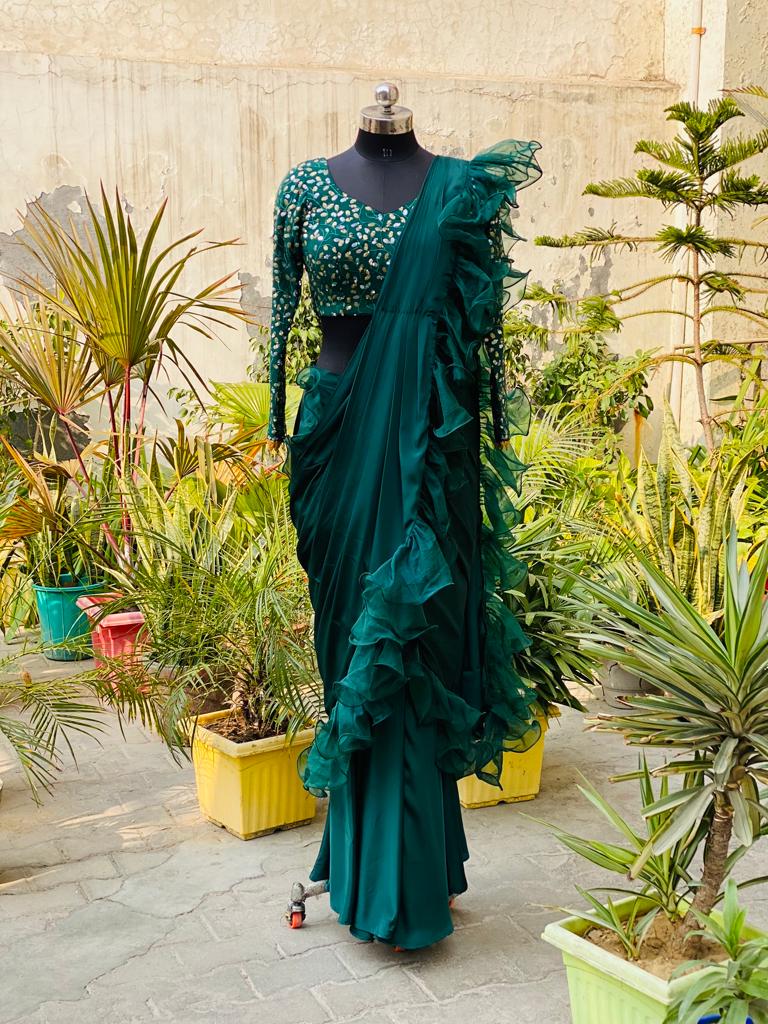 Bottle Green Ruffle saree