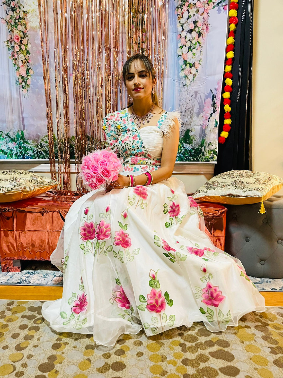 White Handpainted Organza Lehenga