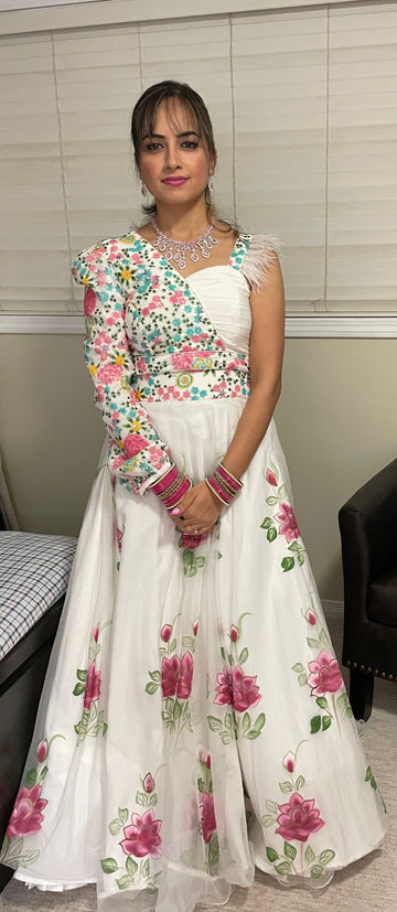 White Handpainted Organza Lehenga
