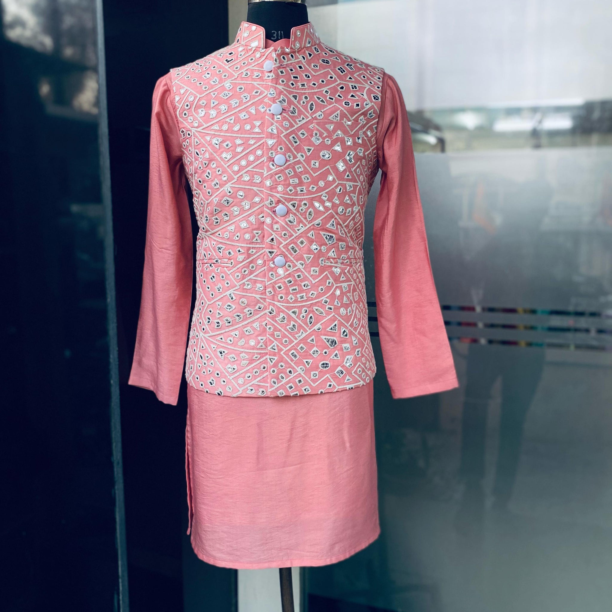 Menswear Pastel Pink Waist Coat With Kurta Set