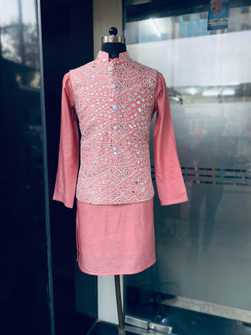 Menswear Pastel Pink Waist Coat With Kurta Set