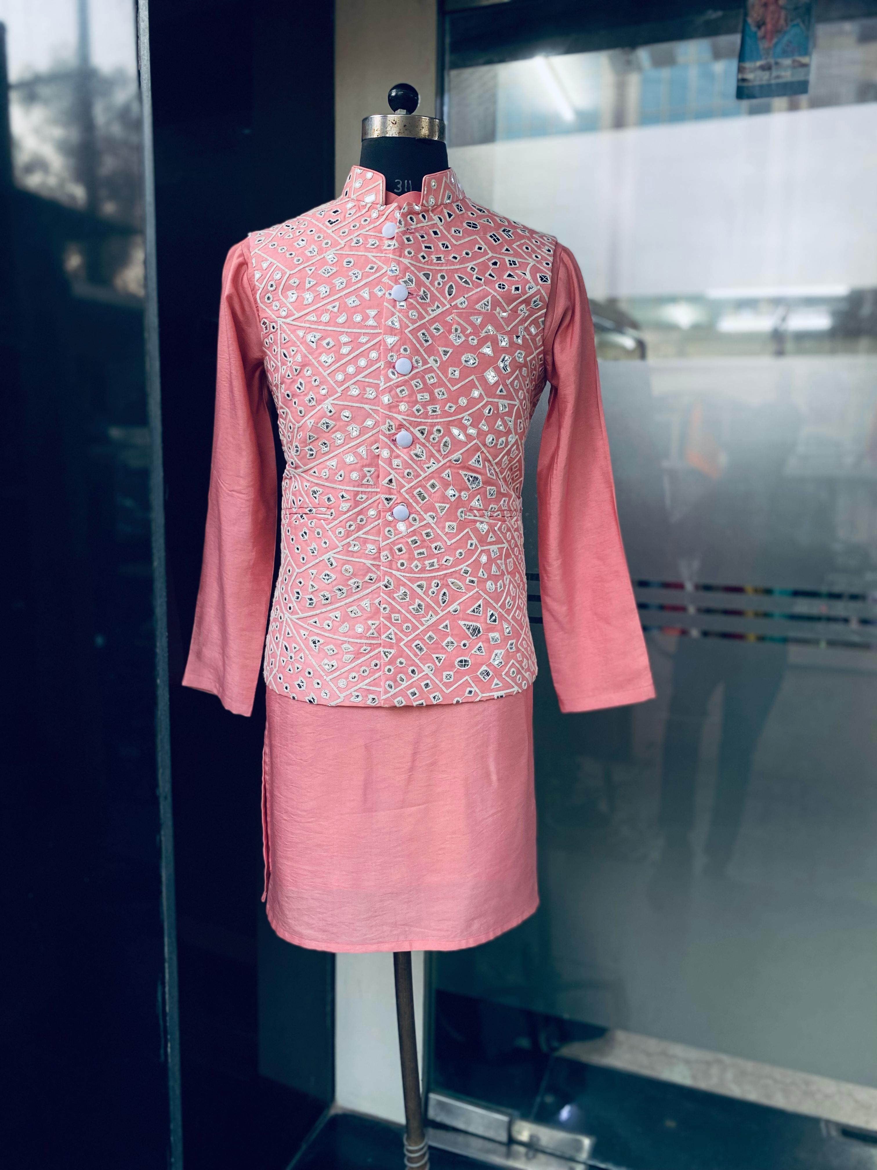 Menswear Pastel Pink Waist Coat With Kurta Set