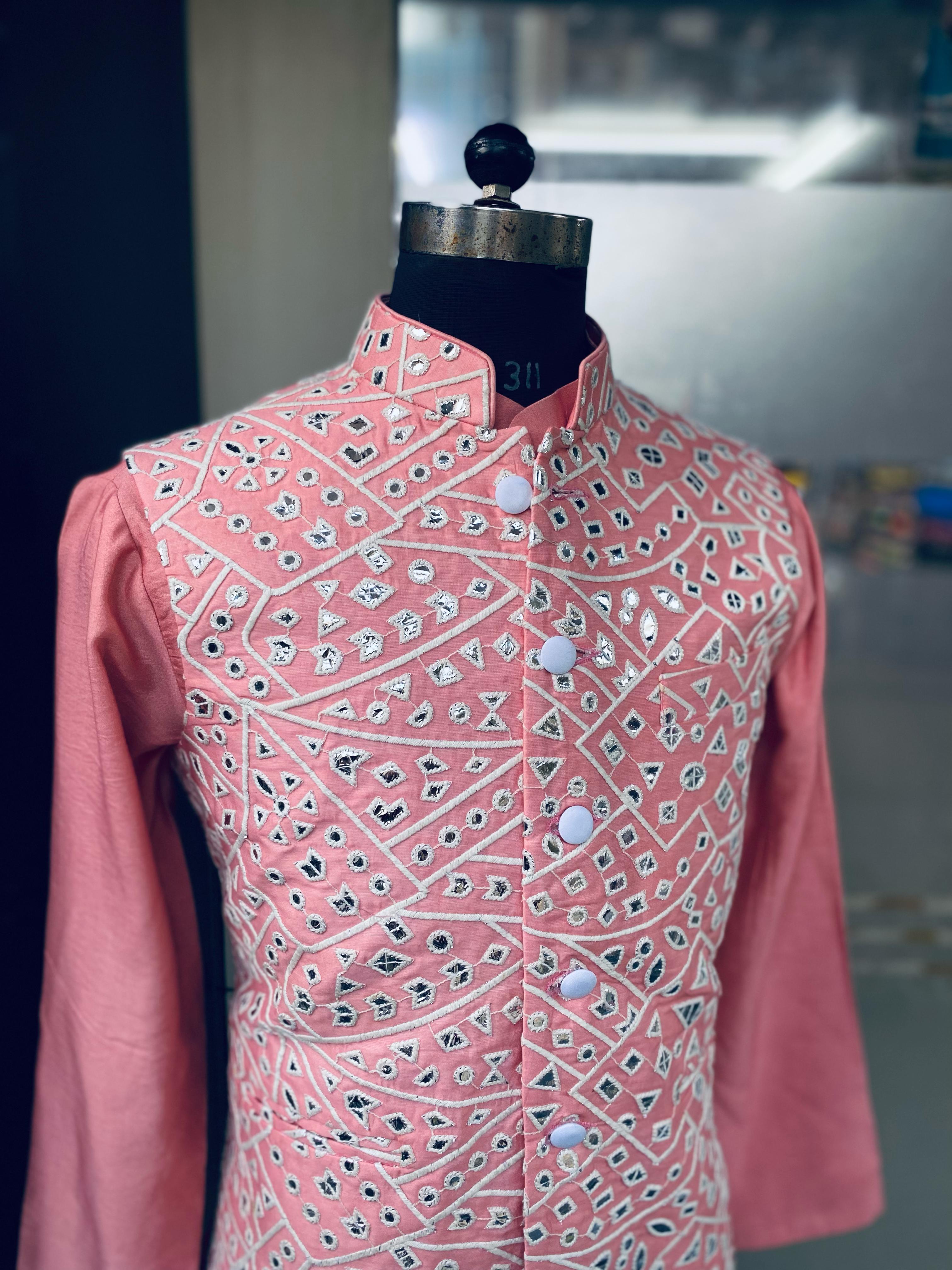 Menswear Pastel Pink Waist Coat With Kurta Set