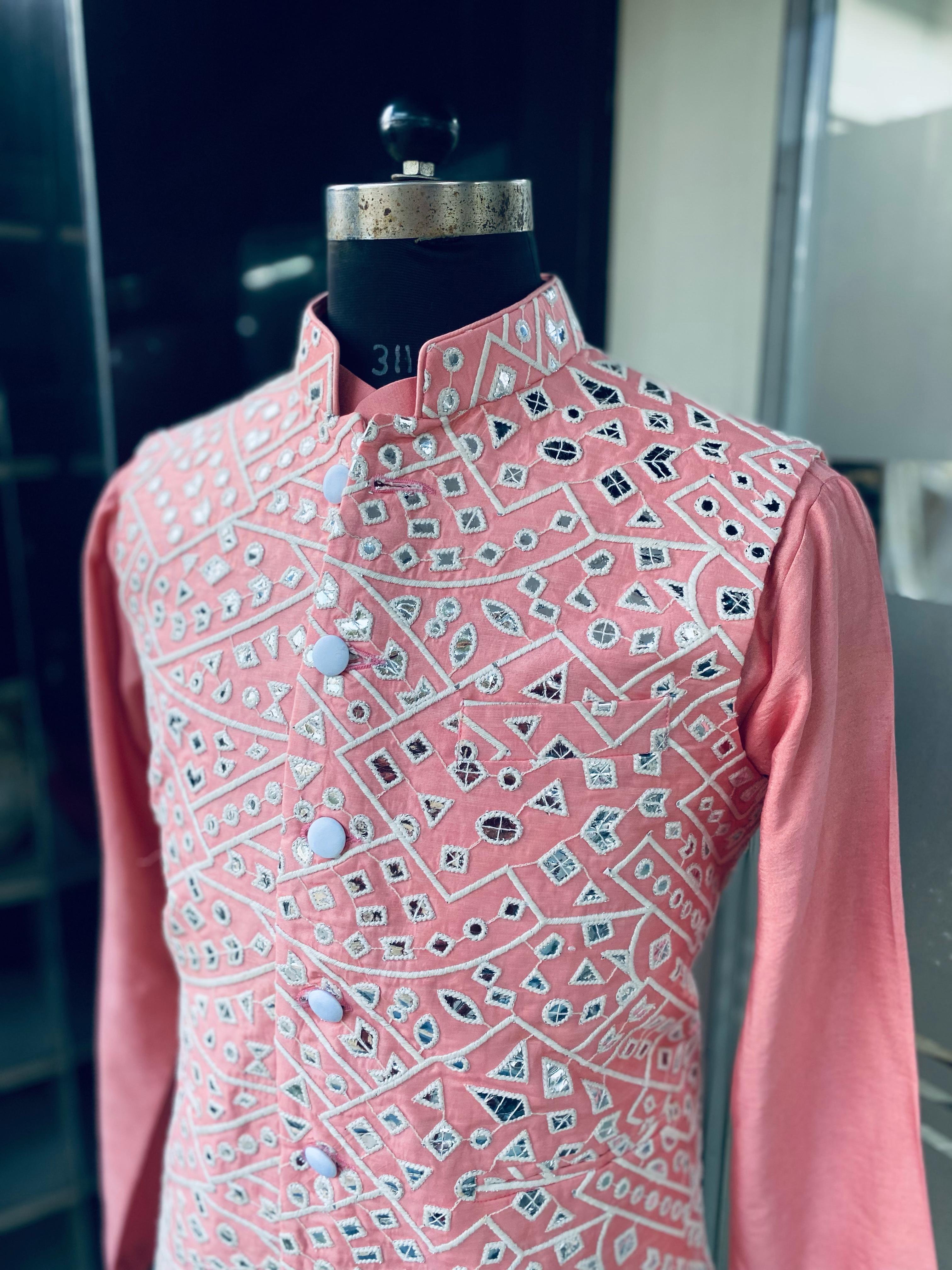 Menswear Pastel Pink Waist Coat With Kurta Set
