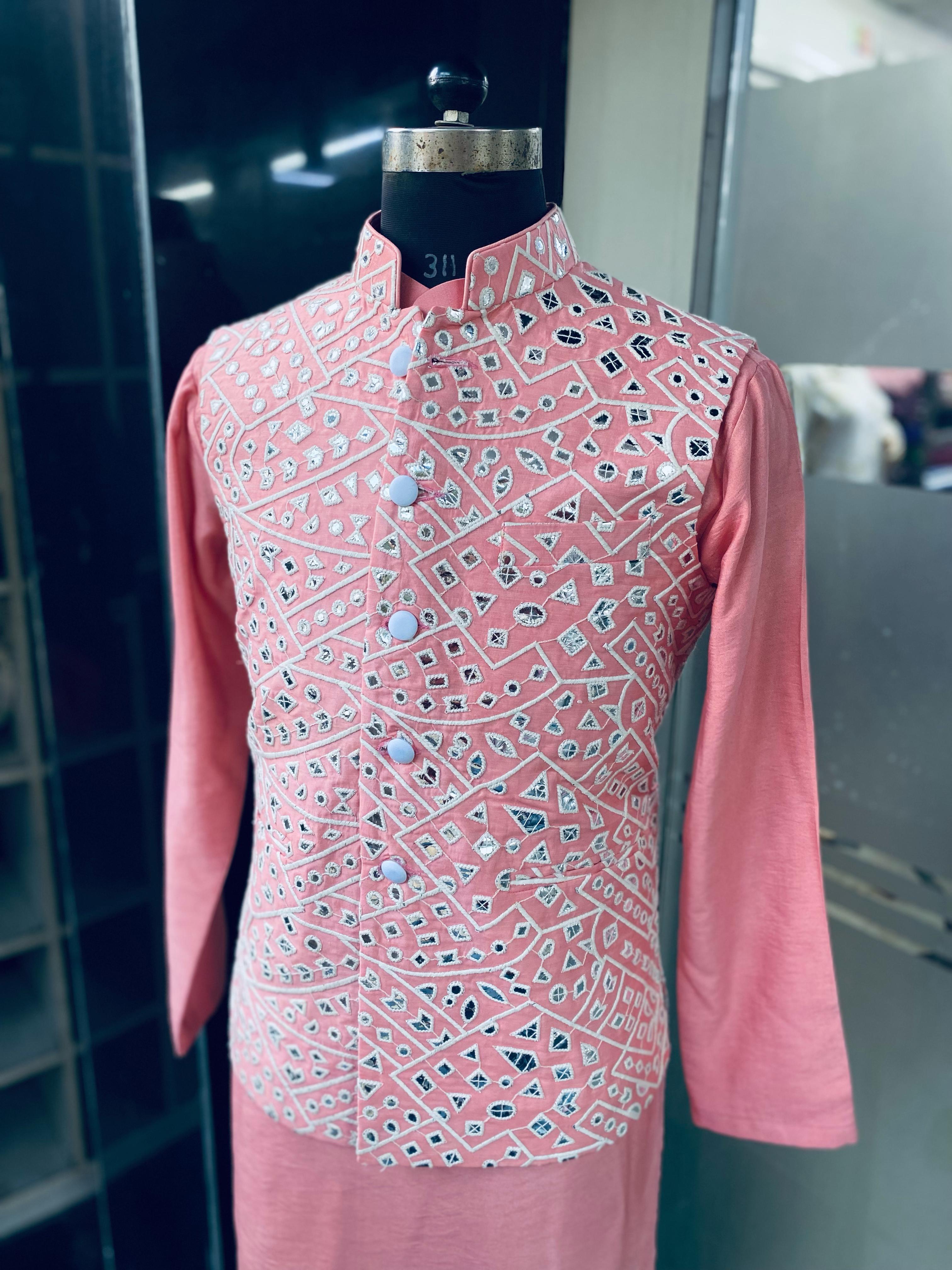 Menswear Pastel Pink Waist Coat With Kurta Set