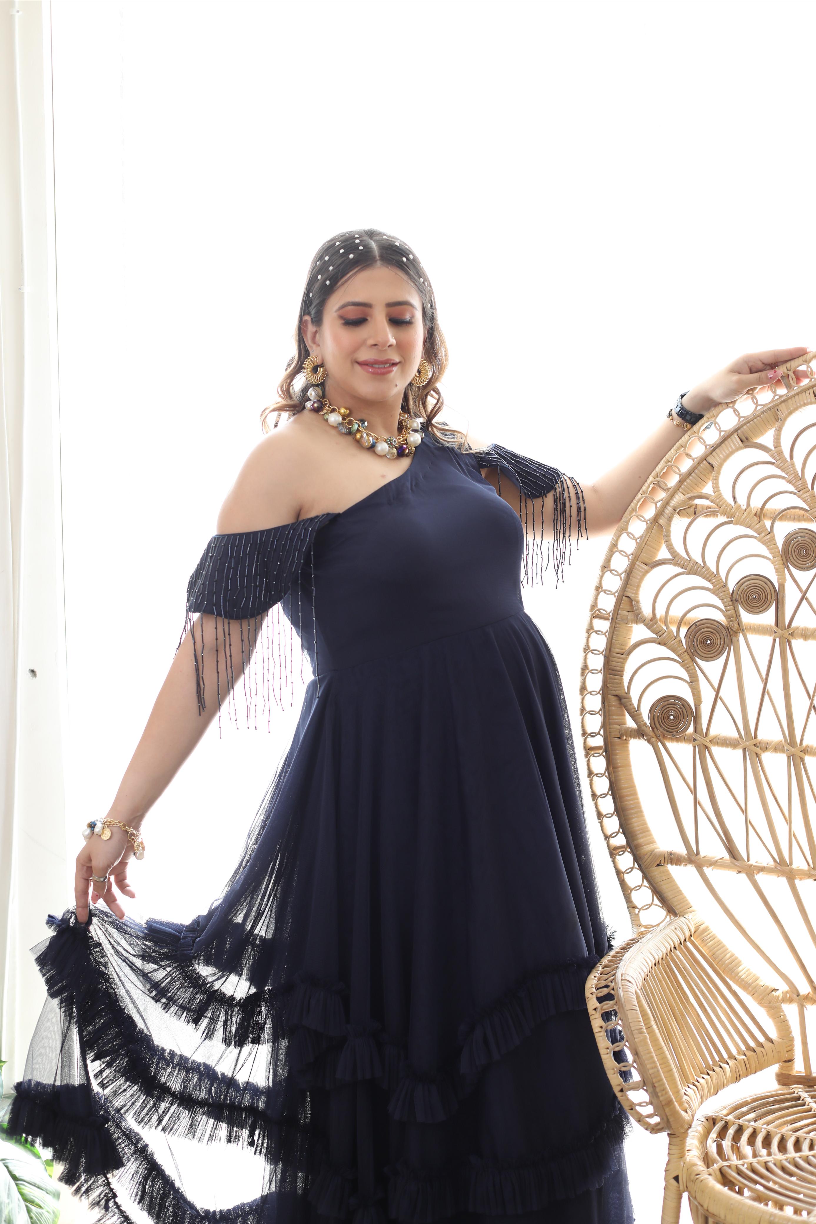 Navy Blue Fringe Mama Gown