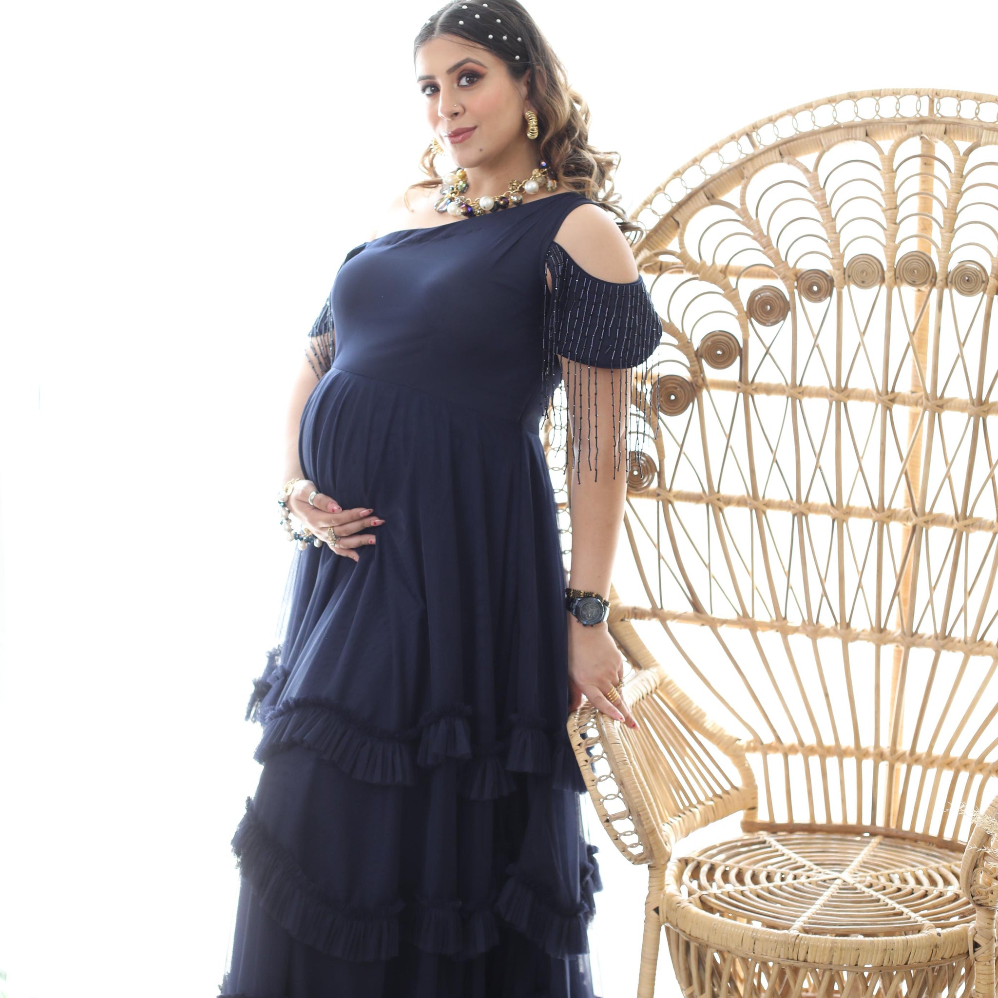 Navy Blue Fringe Mama Gown